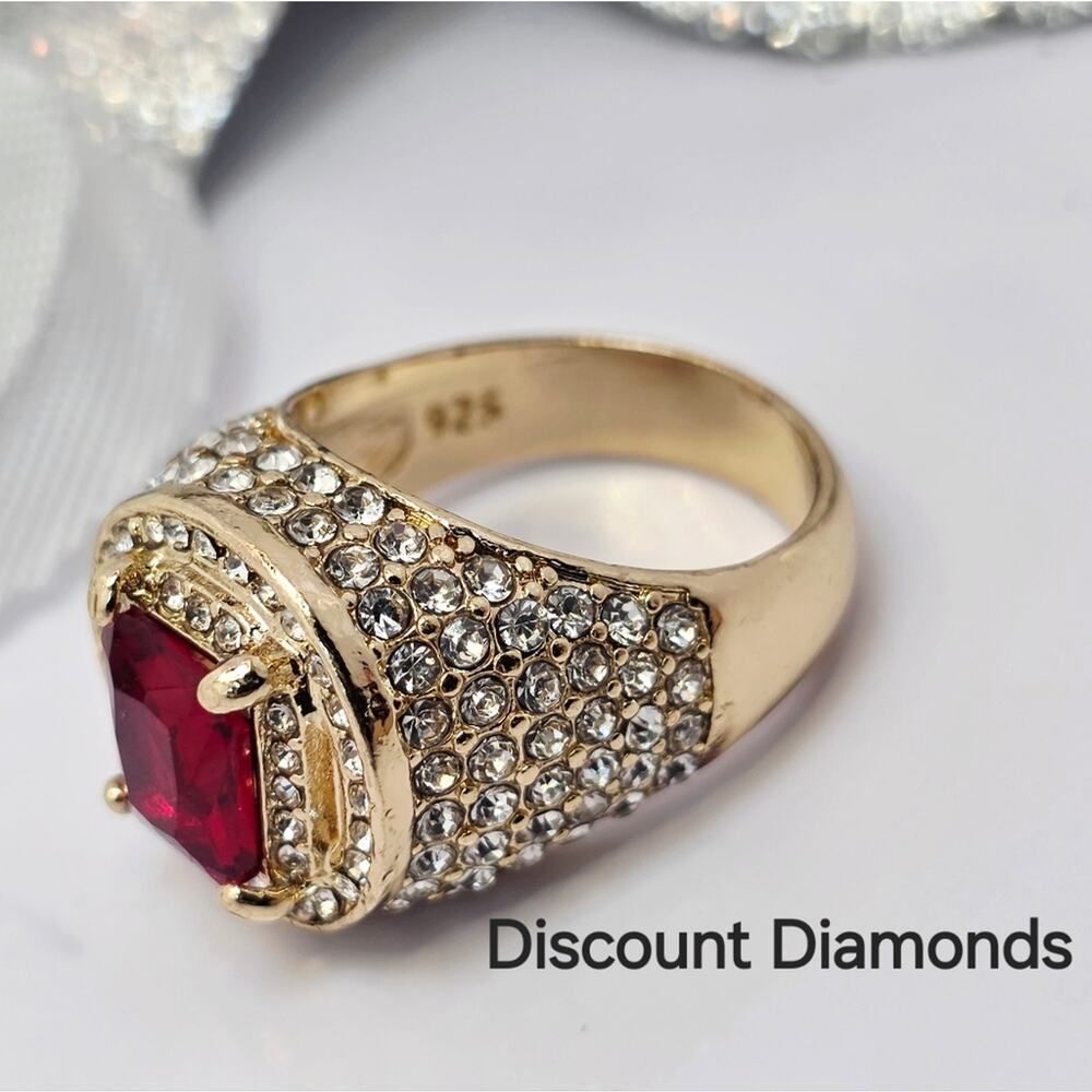 Princess Cut Ruby & White  Baguette Diamond Cocktail Ring 18K Gold on 925 Silver